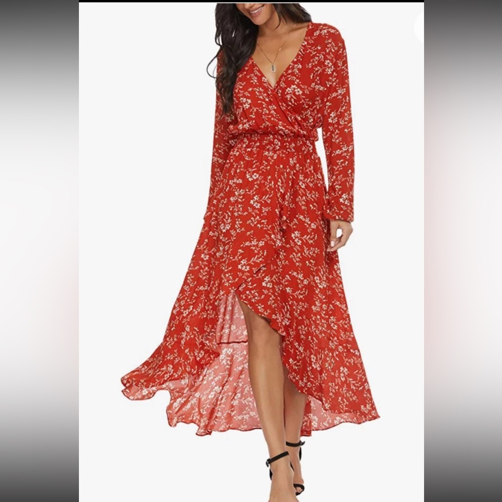 Kormei Women's Long Sleeve Floral High Low V-Neck Long Maxi Dress Size M